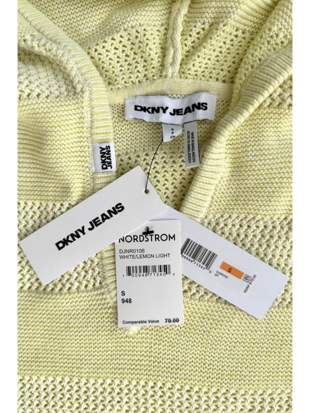 DKNY JEANS NWT POINTELLE STRIPE LEMON LIGHT COTTON HOODED SWEATER. SIZE S - Picture 10 of 11
